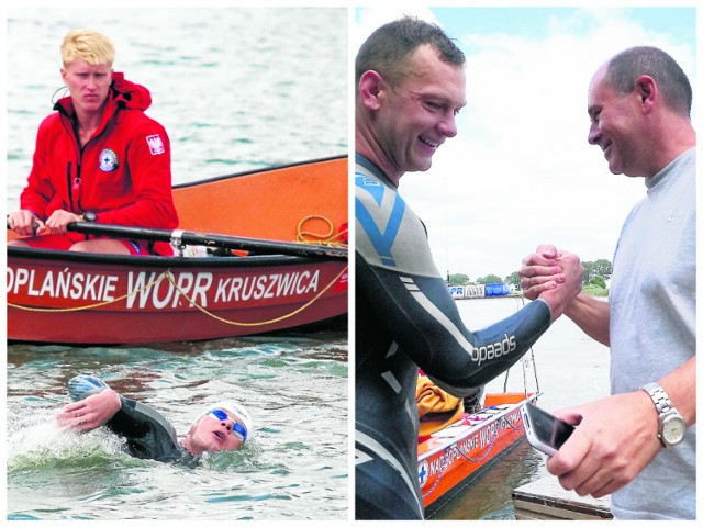 Rafał Domeracki w wodzie i Daniel Barałkiewicz w łodzi. Obaj ustanowili wczoraj rekordy Gopła. Jako pierwszy pływakowi z Inowrocławia gratulacje złożył jego trener Jarosław Molenda (po prawej).