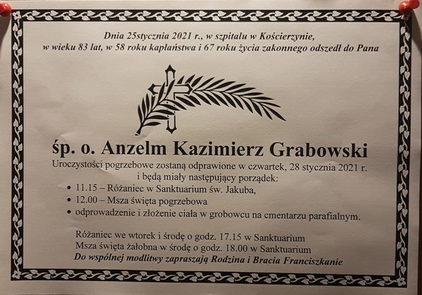 Lębork. Pogrzeb o. Anzelma Grabowskiego w czwartek na cmentarzu w Lęborku