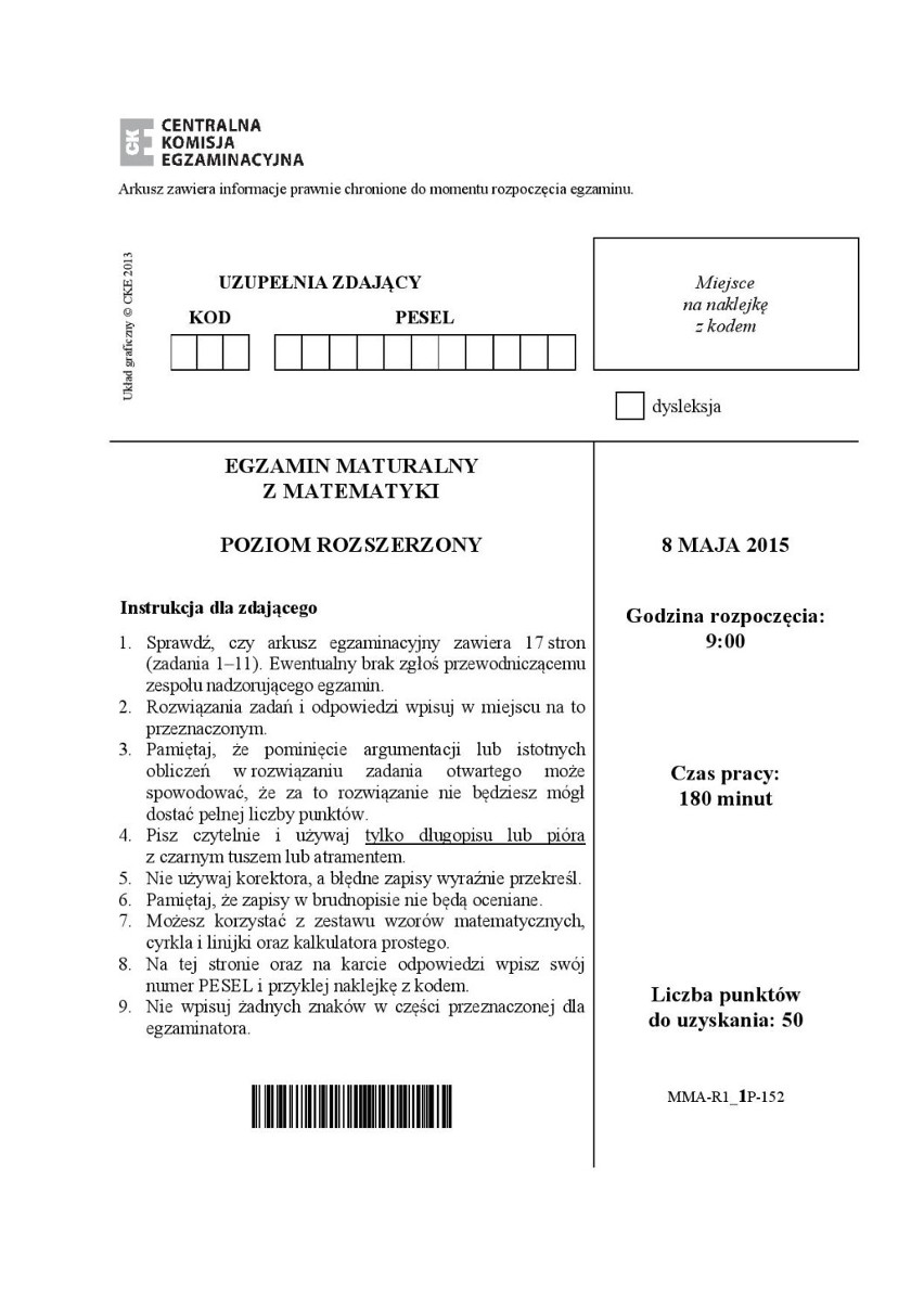 MATURA 2015 MATEMATYKA rozszerzona. Arkusze i odpowiedzi z egzaminu