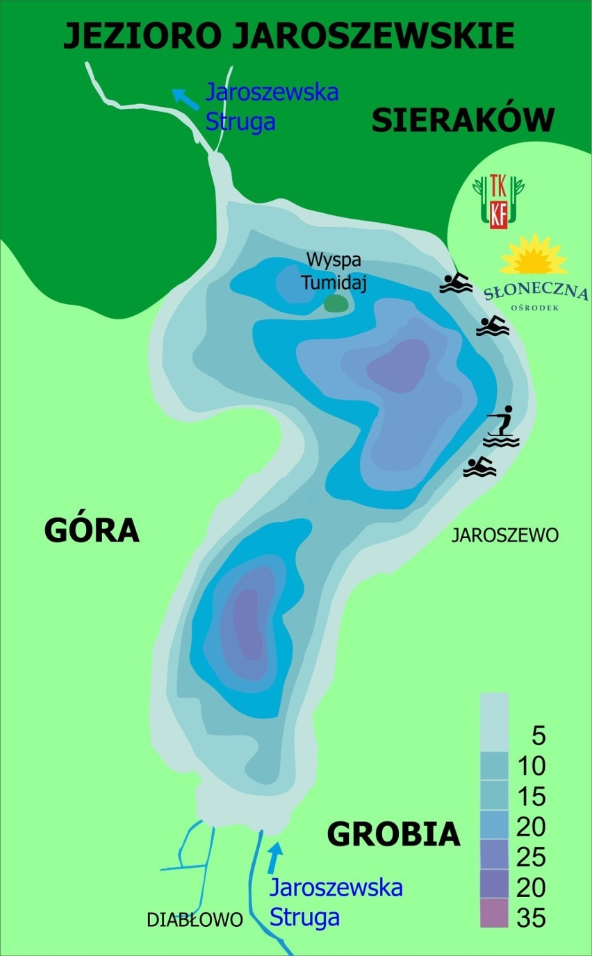 Mapa turystyczna okolic Jeziora Jaroszewskiego.