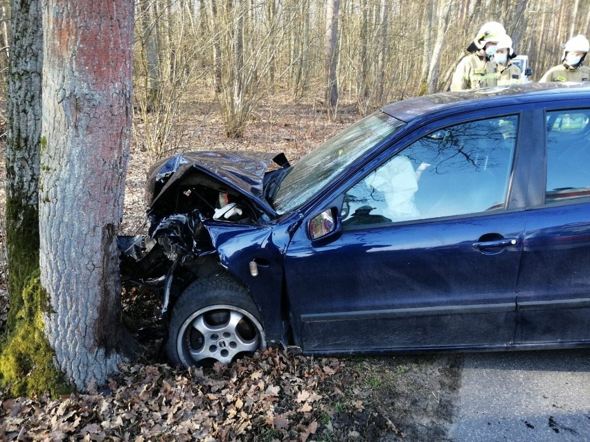 Wypadek na drodze z Ciebłowic do Spały. Samochód uderzył w drzewo [ZDJĘCIA]