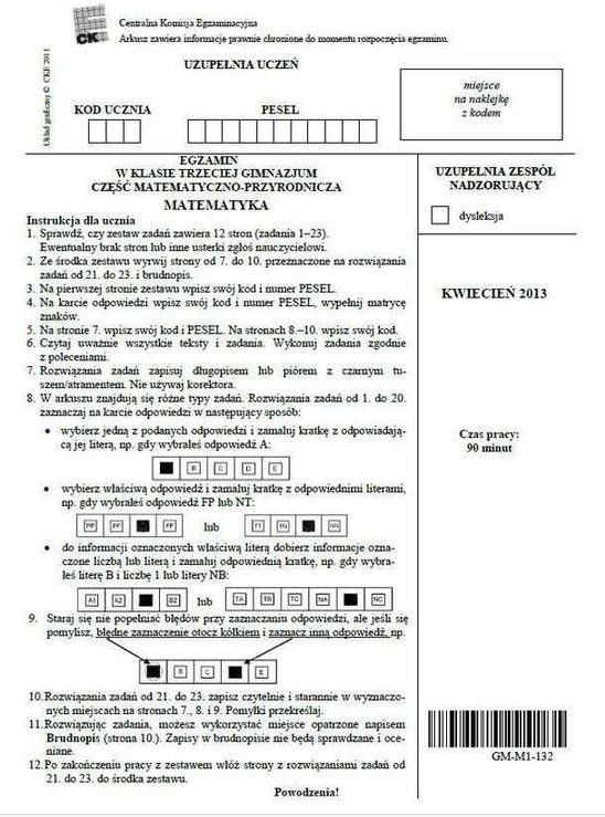 Egzamin gimnazjalny 2013. Matematyka [TESTY, ARKUSZE, ODPOWIEDZI]