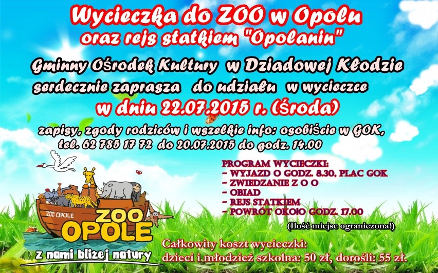 Dziadowa Kłoda: GOK zaprasza na wycieczkę do zoo w Opolu i na rejs statkiem Opolanin