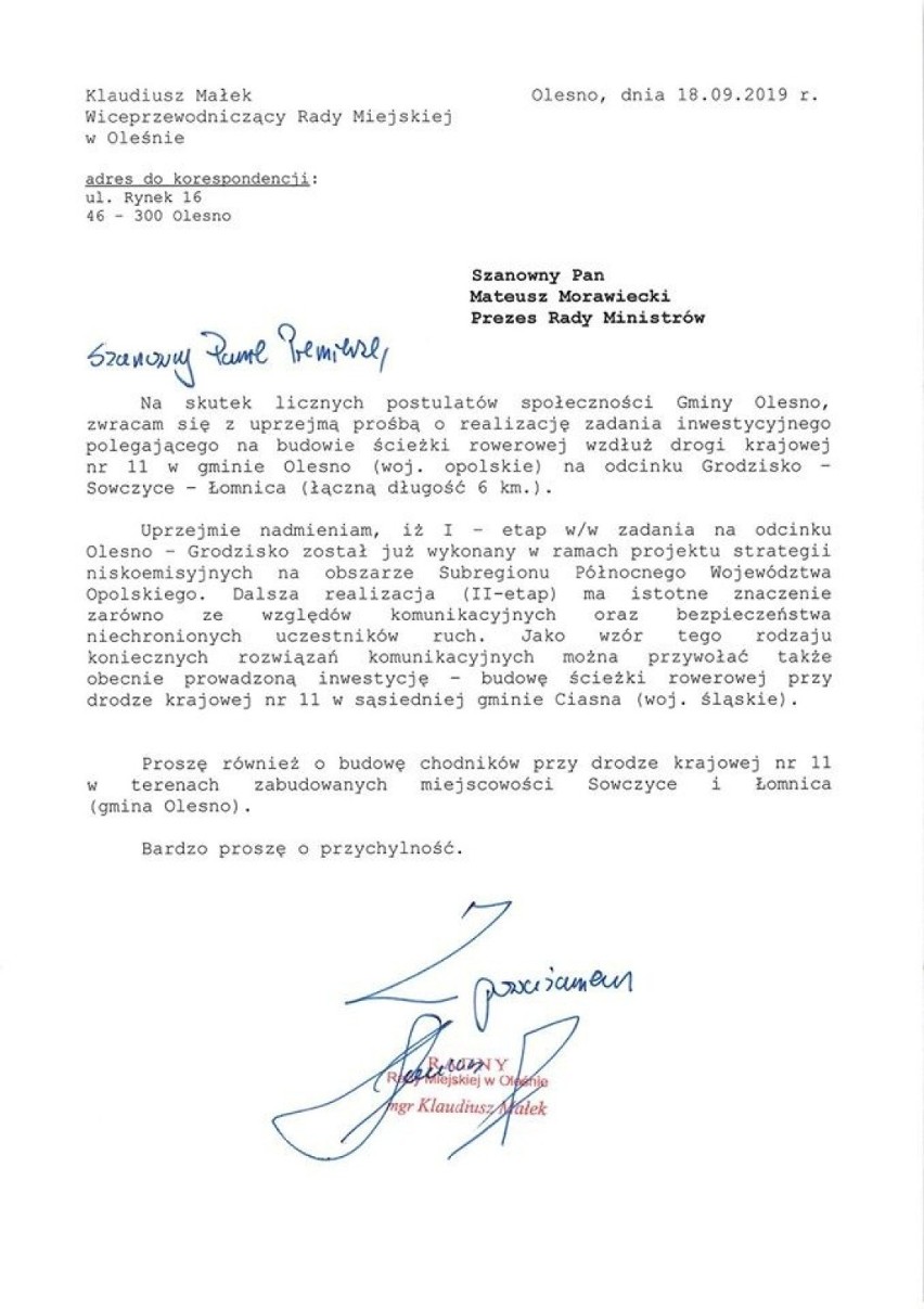 List radnego do premiera.