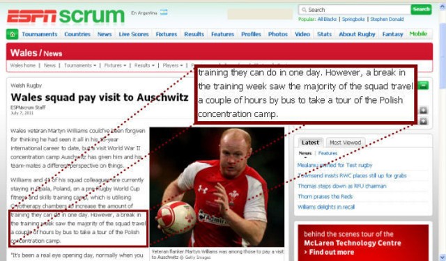 Wierząc autorowi powyższego artykułu, walijscy rugbyści zwiedzali niedawno w Oświęcimiu &quot;polski ob&oacute;z koncentracyjny&quot;.
