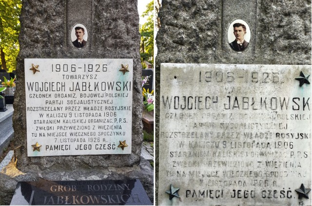 Tablica na grobie Wojciecha Jabłkowskiego po i przed przed odnowieniem