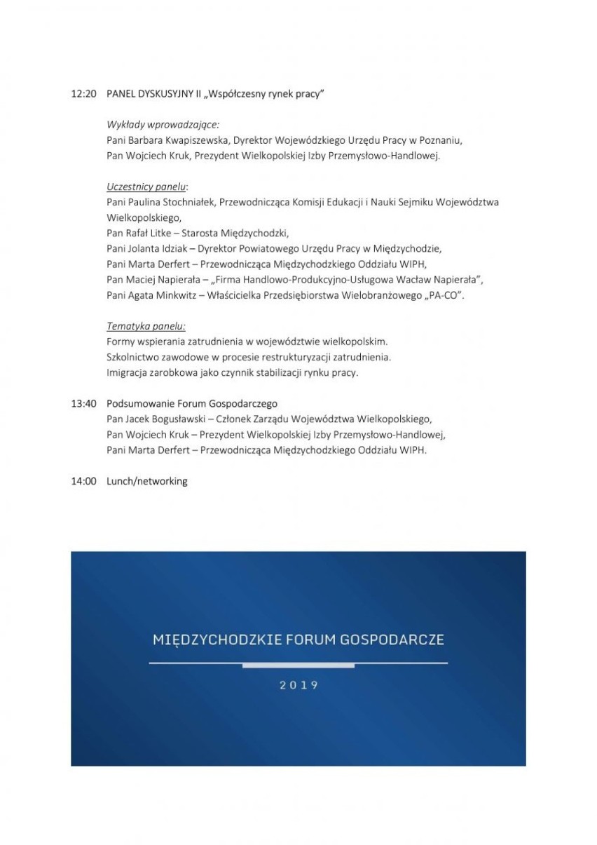 Program Międzychodzkiego Forum Gospodarczego (8.11.2019).