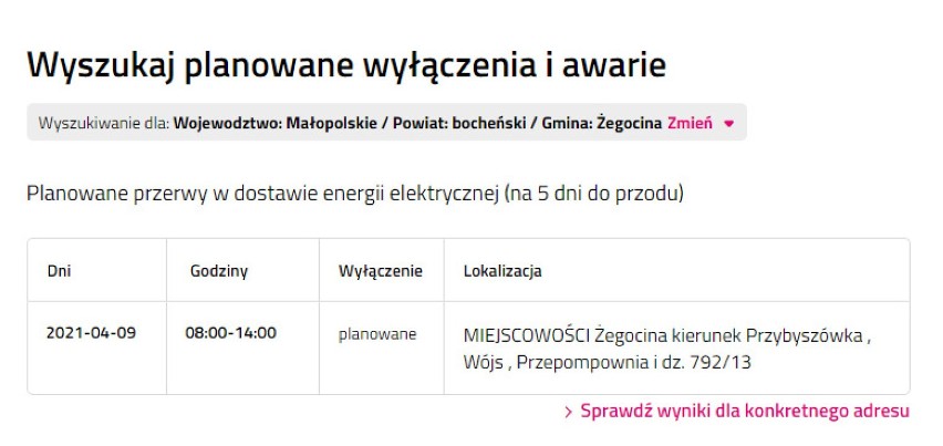 Wyłączenia prądu w powiecie bocheńskim i brzeskim, 6.04.2021