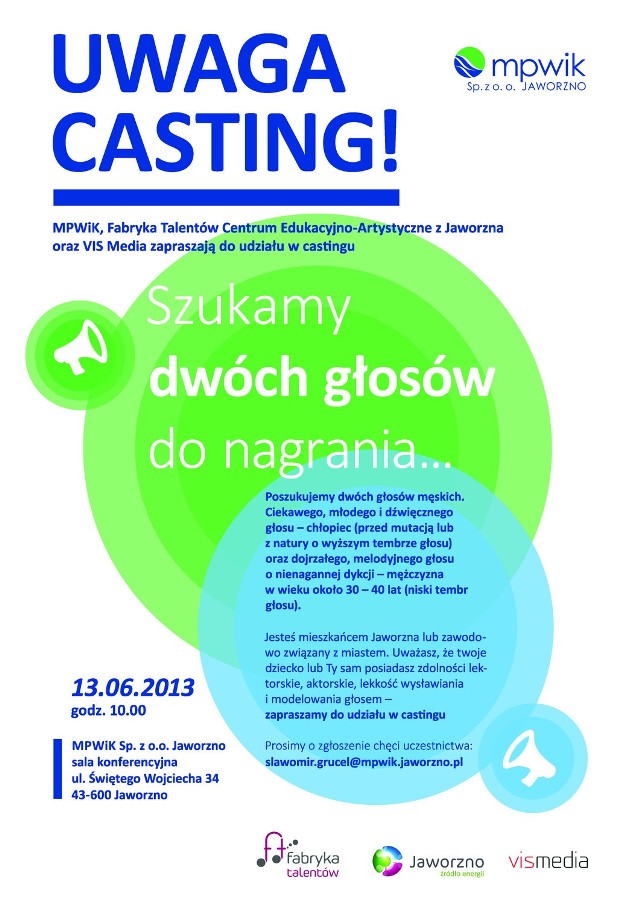 MPWiK w Jaworznie ogłosiło casting na dwa męskie głosy.