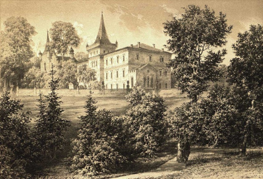 Widok zamku w Zatorze na litografii Napoleona Ordy (1880...