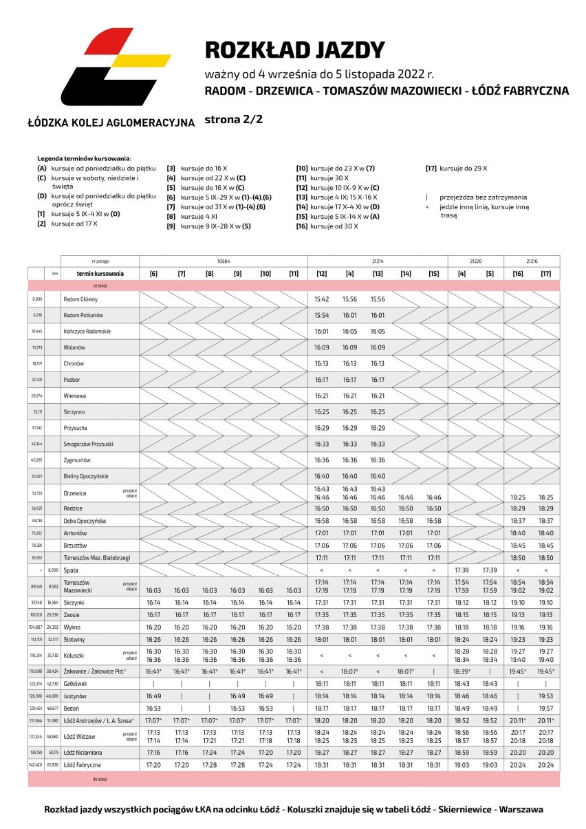 Korekta rozkładu jazdy pociągów Łódzkiej Kolei Aglomeracyjnej od 4 września ROZKŁAD JAZDY