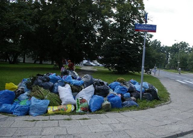 Hałda śmieci zalega na skwerze znajdującym się tuż przy skrzyżowaniu ulic.
