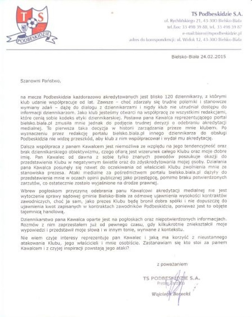 Prezes Podbeskidzia zabiera głos w sprawie zabranej akredytacji