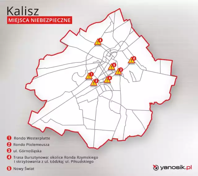 Niebezpieczne miejsca w Kaliszu według Yanosika