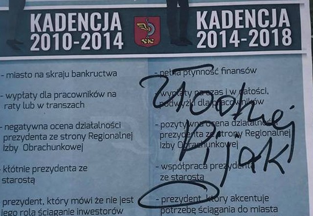 Na rozwieszanych w Skarżysku plakatach ktoś porobił dopiski, atakujące prezydenta Konrada Kroniga.