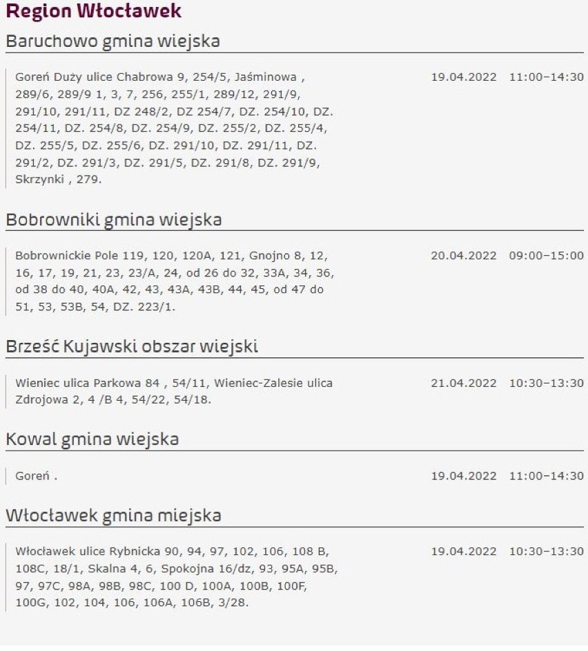 Tu nie będzie prądu w Kujawsko-Pomorskiem [miasta, gminy - 22.04.2022]