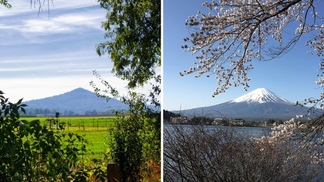 Po lewej Ostrzyca Proboszczowicka na Dolnym Śląsku, po prawej Fudżijama w Japonii. Teraz nie ma już wątpliwości, skąd wzięła się nazwa "śląska Fudżijama"! Zobacz kolejne zdjęcia Ostrzycy ---->>>