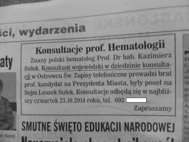 Ogłoszenie z Gazety Ostrowieckiej o konsultacjach konsultanta w dziedzinie konsultacji. Fot. Krzysztof Krzak