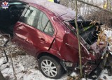 Kolonia Góra Puławska. Ford wypadł z drogi i rozbił się wśród drzew. Kierowca jest ciężko ranny