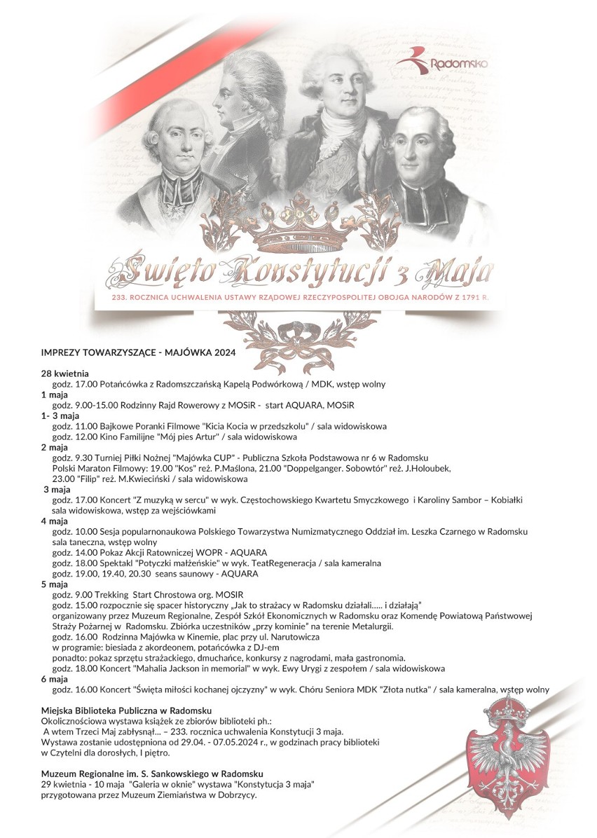 Święto Konstytucji 3 Maja Radomsko 2024. Zobacz program obchodów i imprez towarzyszących