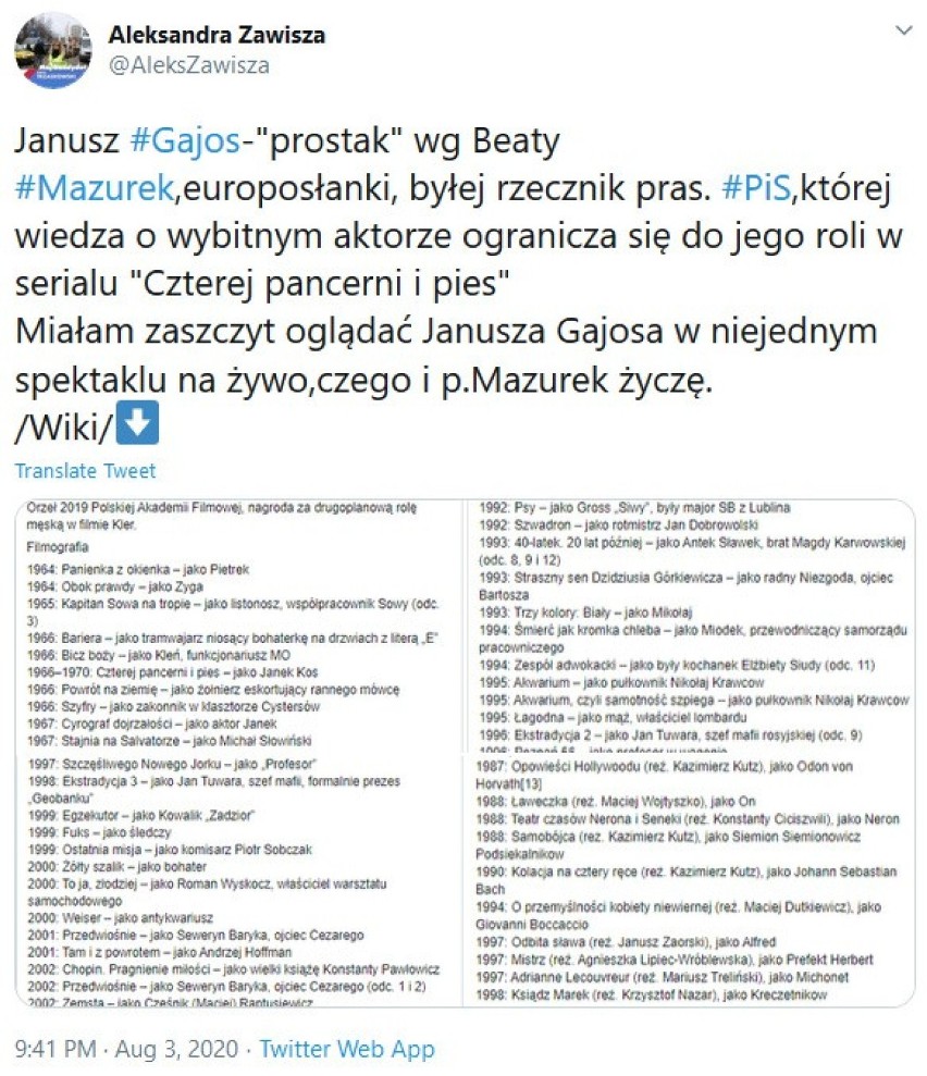 Janusz Gajos nazwany prostakiem przez Beatę Mazurek. Co na...