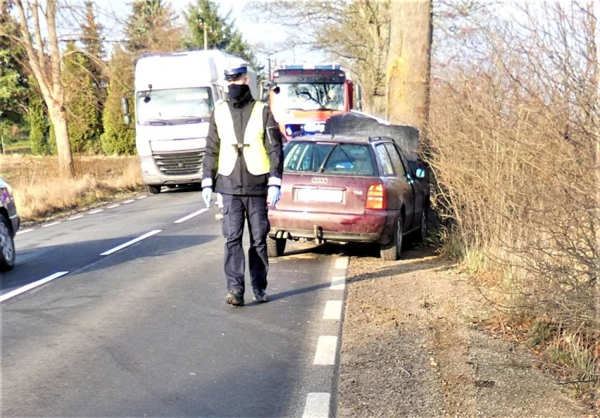 Samochód marki Audi uderzył w drzewo w Sarnowach. 22-letnia kierująca trafiła do szpitala [ZDJĘCIA]
