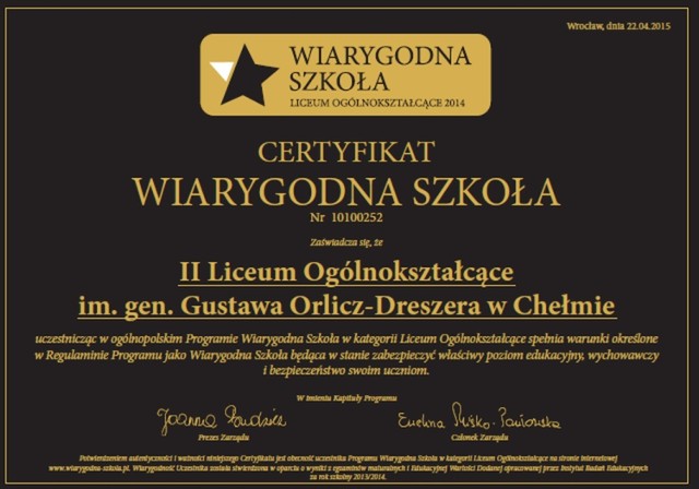 II LO w Chełmie Wiarygodną Szkołą