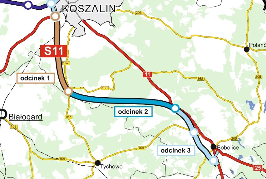 Mapka S11 z przebiegiem odcinka Koszalin - Bobolice