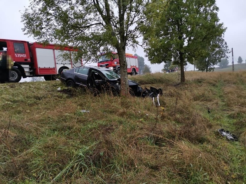 Powiat stargardzki. Wypadek pod Ińskiem. Volkswagen uderzył w drzewo. Kierowca pijany