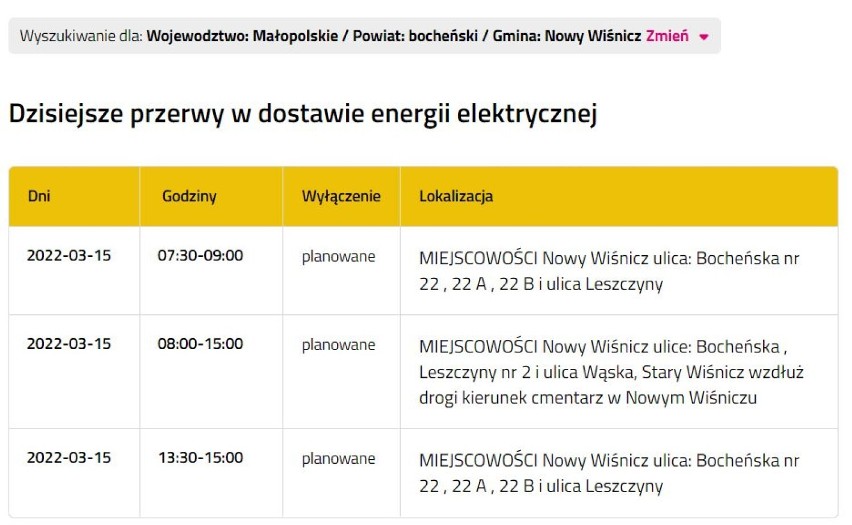 Wyłączenia prądu w powiecie bocheńskim, 15.02.2022