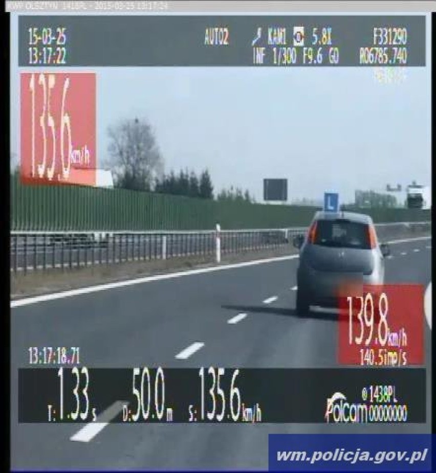 Kursant nauki jazdy pędził 135 km/h