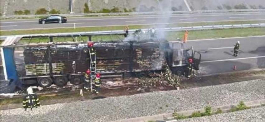Pożar ciężarówki na autostradzie A1 na wysokości Gorzyc [ZDJĘCIA]