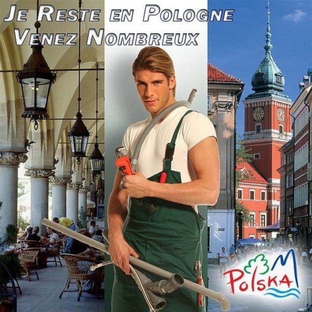 Piotr Adamski, model promujący we Francji polskich specjalistów jako "polski hydraulik"