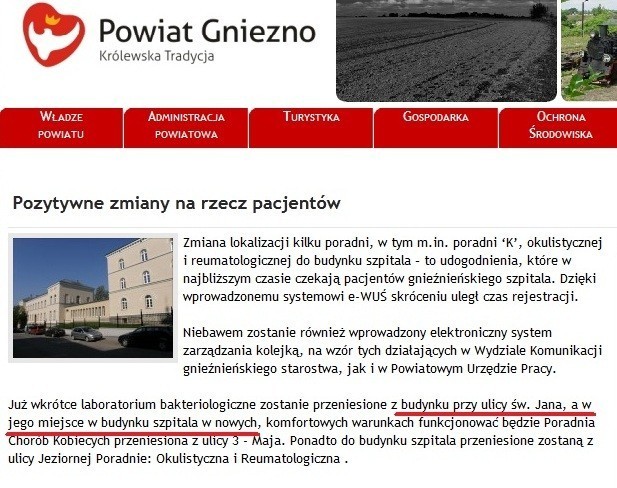 Strona Starostwa Powiatowego w Gnieźnie po aktualizacji