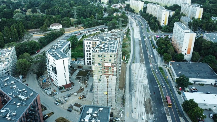 Budowa linii tramwajowej na Popowice z lotu ptaka 26.07.2022