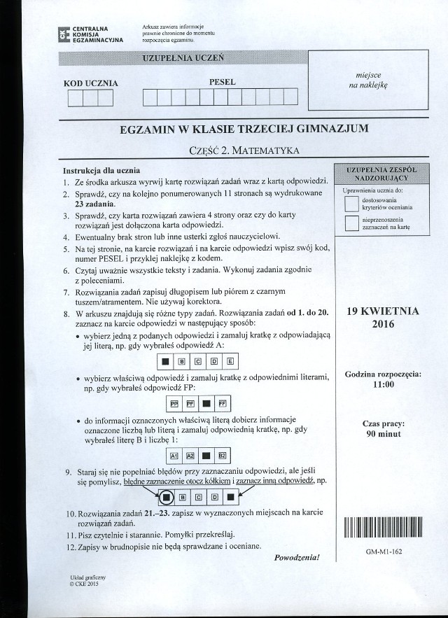 Egzamin gimnazjalny 2016: ODPOWIEDZI z matematyki [rozwiązania zadań, arkusze cke]