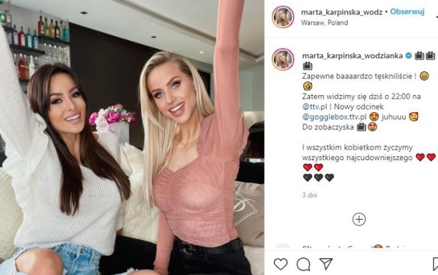 Marta Karpińska to jedna z uczestniczek programu "Gogglebox". Dzięki udziałowi w tym telewizyjnym show, który jest emitowany w stacji TTV piękna modelka zyskała ogromną popularność. 

Marta Karpińska z Gogglebox w zmysłowej bieliźnie
Modelka Marta Karpińska zyskała sporą rozpoznawalność dzięki programowi "Gogglebox". Ostatnio piękna kobieta wzięła udział w zmysłowej sesji fotograficznej. Jej najnowsze zdjęcia w prześwitującej bieliźnie zrobiły niemałe zamieszanie w sieci.

"Gogglebox. Przed telewizorem" to program, który już od wielu miesięcy ma rekordową publiczność. Bohaterowie siedząc w domach komentują popularne programy telewizyjne różnych stacji. Do tego grona bohaterów należy właśnie Marta Karpińska. Modelka pojawia się w telewizyjnym show w duecie z Patrycją Szreder. 

ZOBACZ SEKSOWNE ZDJĘCIA MARTY Z GOGGLEBOX - KLIKNIJ DALEJ

