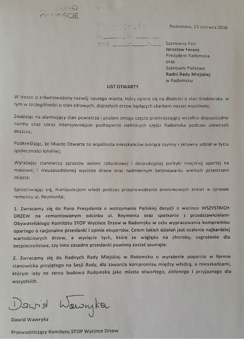 Radomsko: prezydent odpowiada na list w sprawie wycinki drzew [ZDJĘCIA]