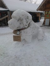 Wielki Bernardyn pilnuje targowiska w Brzęczkowicach. Rzeźbę z lodu i śniegu wykonał Maciej Kamracki