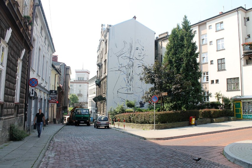 Murale w Bielsku-Białej: kobieta z rośliną na ścianie kamienicy