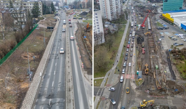 Po prawej ulica Lublańska. Jeszcze nie dawno po jej zachodniej stronie rosły drzewa, o których zachowanie walczyli mieszkańcy. Po lewej postępujące prace nad linią tramwaju wzdłuż ulicy Młyńskiej.