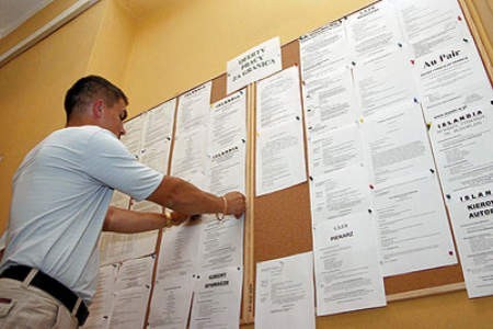 Grzegorz Gładkowski w będzińskim PUP wiesza kolejne oferty pracy na czas wakacji.