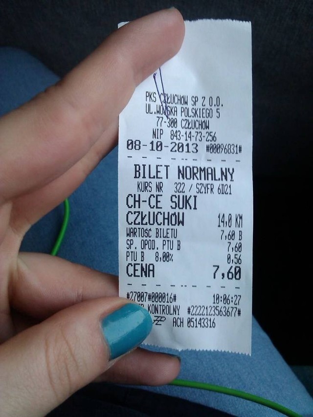 Taki bilet jest wystawiany w autobusach PKS Człuchów na przystanku przy ul. Sukienników w Chojnicach