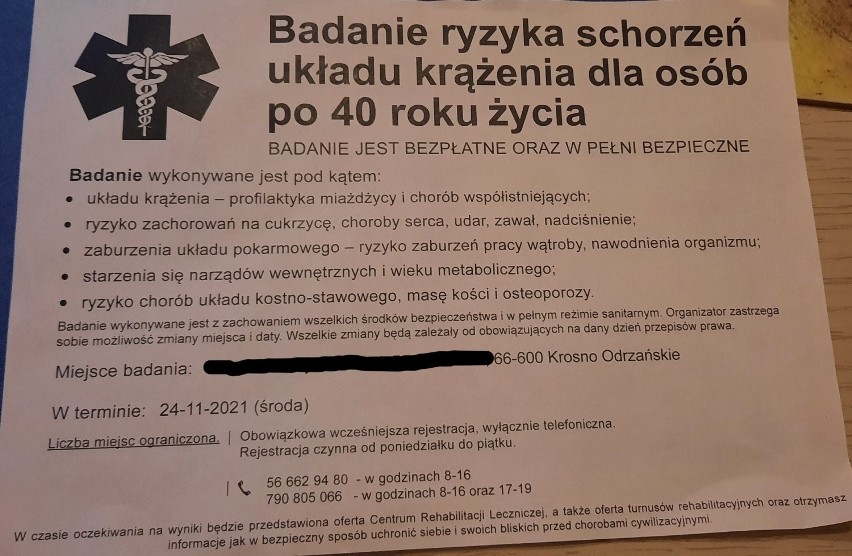 Oto ulotka informująca o darmowych badaniach i spotkaniu w...