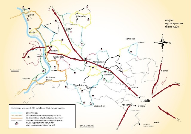 Schemat szlaków na terenie Krainy Rowerowej.