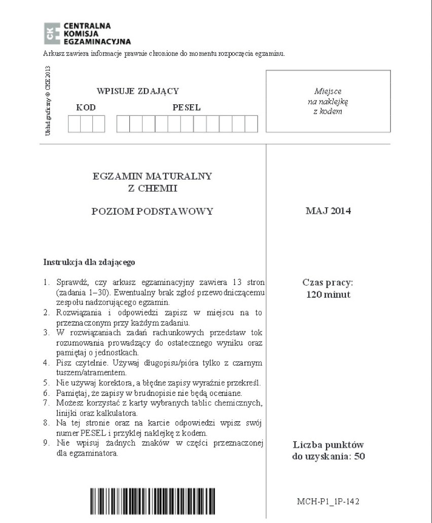 Matura 2014 chemia część podstawowa i rozszerzona (ODPOWIEDZI, PYTANIA, ZADANIA, ARKUSZ CKE)