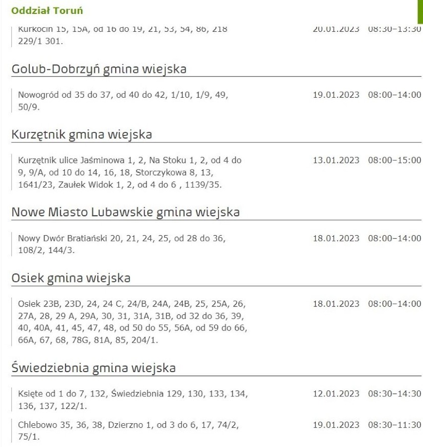 Tu nie będzie prądu w Kujawsko-Pomorskiem [miasta, gminy - 15.01.2023]