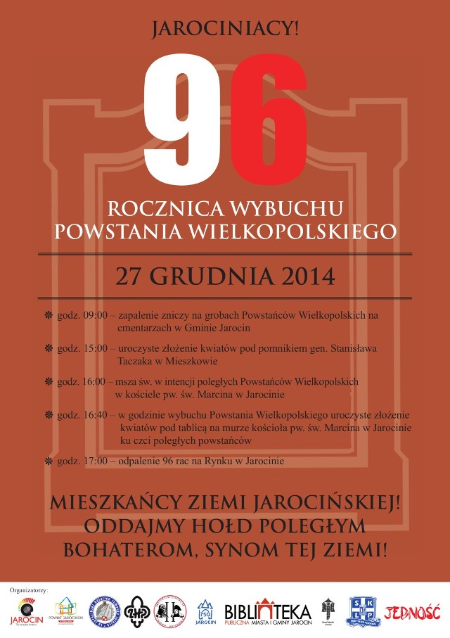 96 rocznica Powstania Wielkopolskiego w Jarocinie. Zobacz plan obchodów