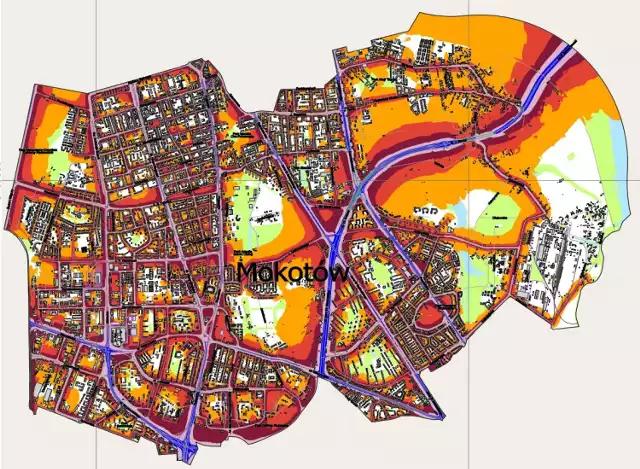 Mapa przedstawia długookresowy średni poziom dźwięku mierzonego w decybelach. Pomiarów dokonywano niemal przez całą dobę, aby wiarygodnie oddać rozkład hałasu w dzielnicy. Pomiaru dokonano na polecenie warszawskiego ratusza. Poniżej przedstawiamy oznaczenia kolorów:

Kolor pomarańczowy: 55-60 decybeli
Kolor ciemnopomarańczowy: 60-65 decybeli
Kolor fielotowy: 65-70 decybeli
Kolor jasnofioletowy: 70-75 decybeli
Kolor niebieski: powyżej 75 decybeli

Warto dodać, że przy poziomie hałasu na poziomie 70 decybeli w organizmie mogą pojawiać się niekorzystne zmiany wegetatywne, zaś powyżej 75 decybeli możemy przechodzić rozmaite uszkodzenia organiczne i choroby, w tym m.in. nadciśnienie tętnicze czy wrzody żołądka.

Zobaczcie też: Skąd bierze się warszawski smog? Dlaczego problem pojawił się dopiero teraz?