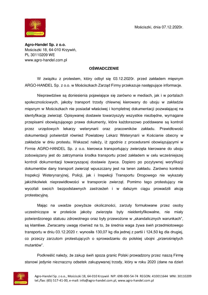 Oświadczenie zarządu zakładu mięsnego w Mościszkach